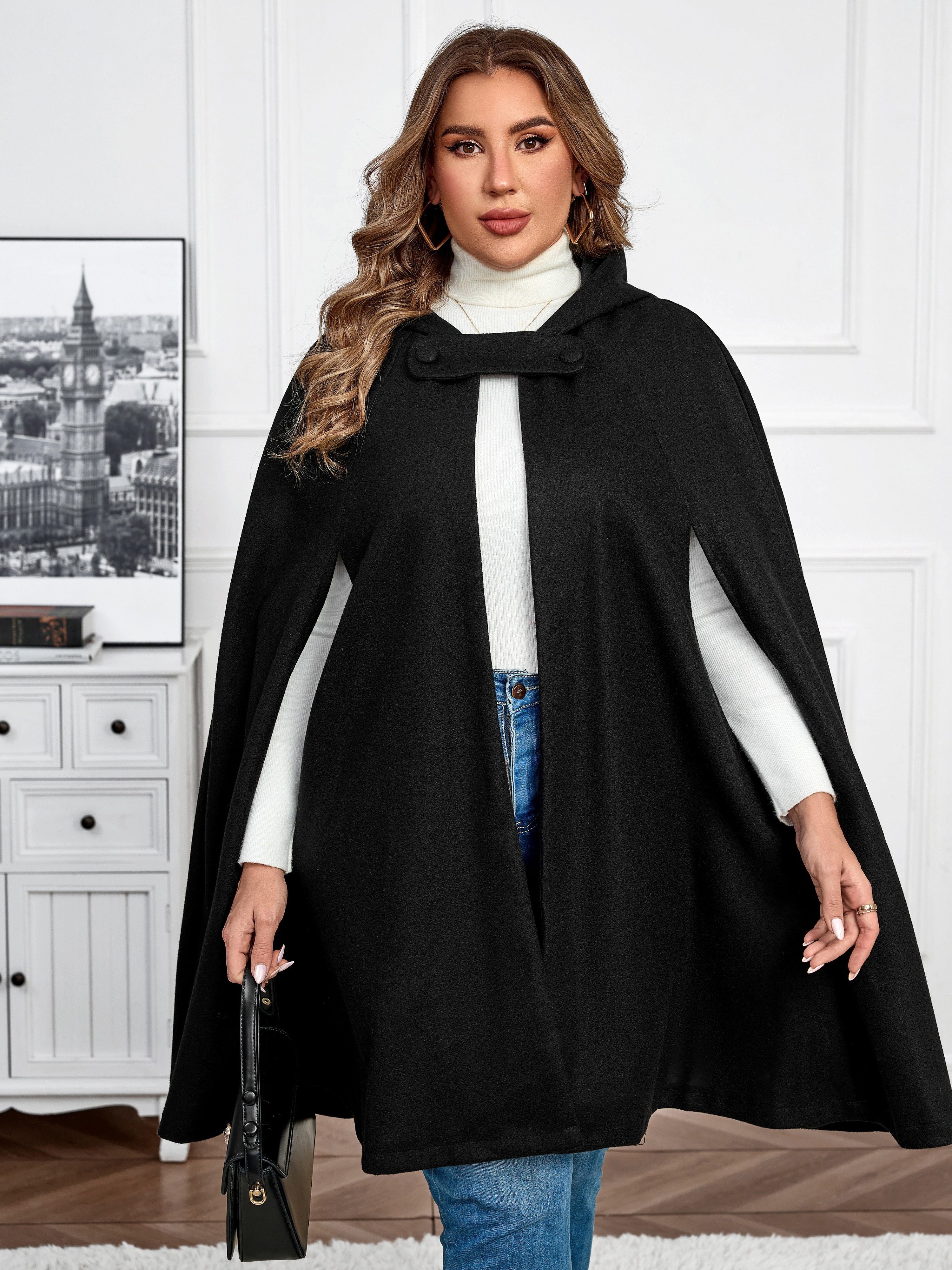 Plus Size Solid Hooded Cape Overcoat Elegant Button Detail Coat For Fall Winter Women s Plus Size Clothing