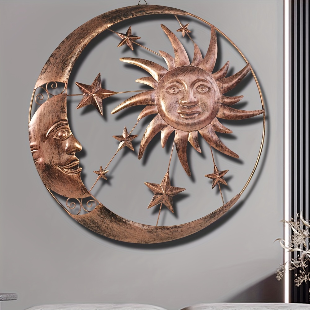 

1pc, 3d Sun And Moon Face Metal Wall Art, Iron Artwork With Stars, Vintage Style Modern Home Decor, Creative Entrance Wall Hanging For Living Room