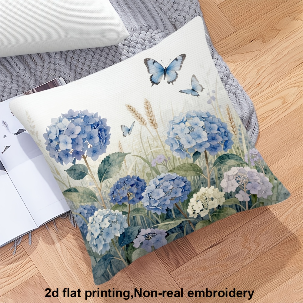 TEMU 1pc Single-sided Printed Short Plush Pillowcase, 2d Flat Print With Blue Hydrangea And Floral Pattern. Suitable For Home Decor On , Patios,