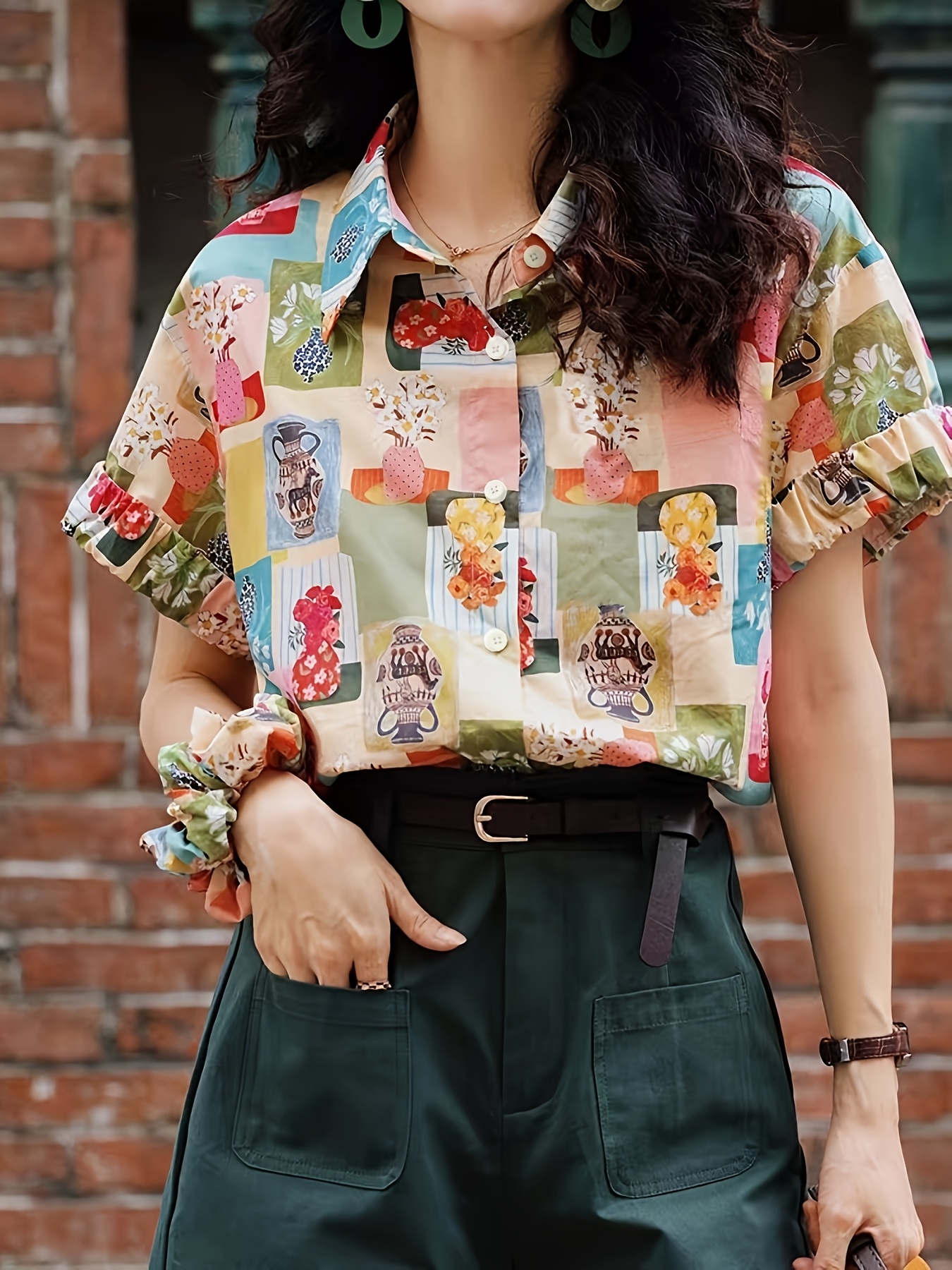 camisa estampada vintage para mulher com curtas Temu Brazil