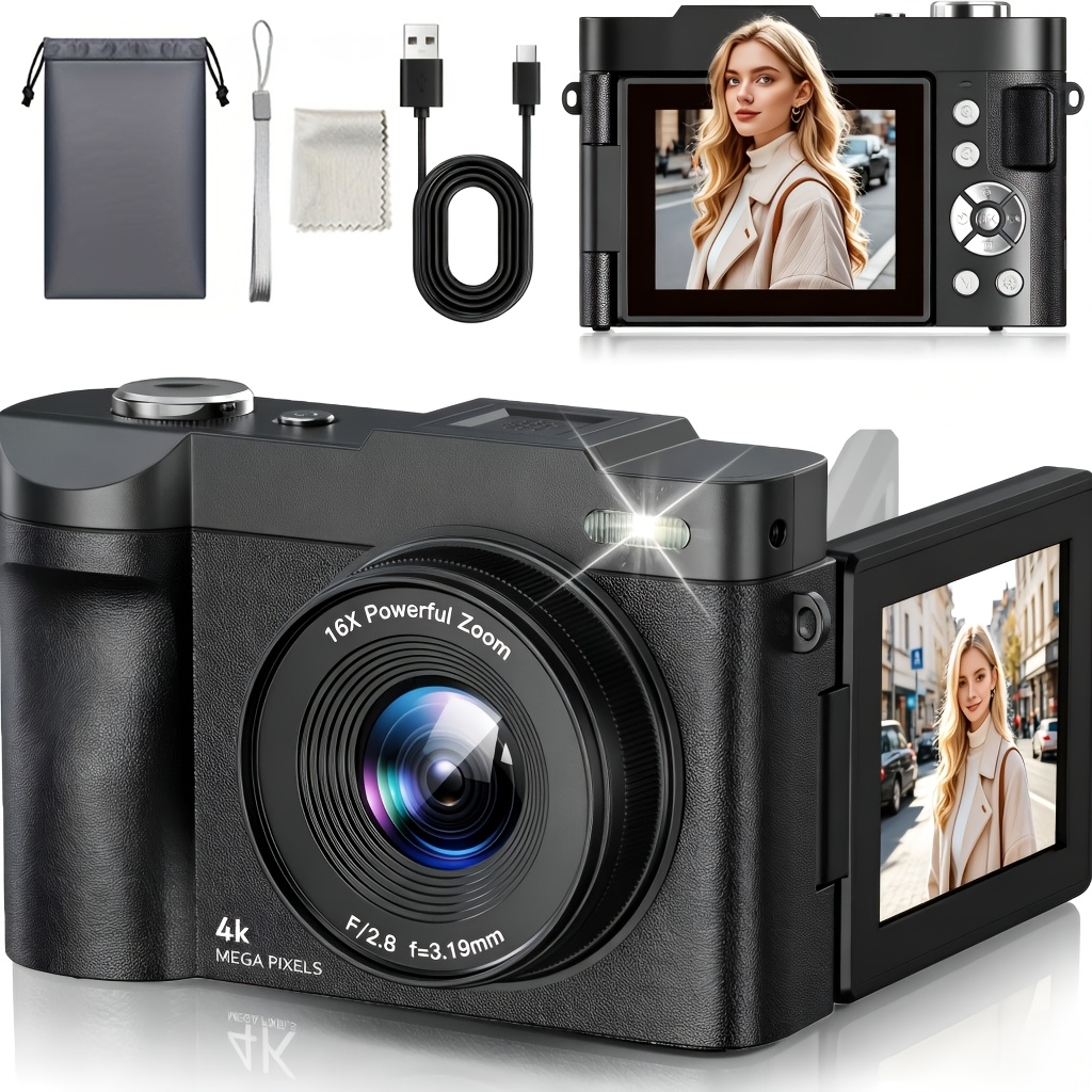 4k digitalkamera - 48mp autofokus vlogging kamera mit 2,8-zoll  ° flip-bildschirm und 16-fach   - kompakte punkt-zu-punkt-kamera,   für reisen und anfänger, coole geschenke für thanksgiving, halloween, weihnachten und geburtstage, weihnachtsgeschenke