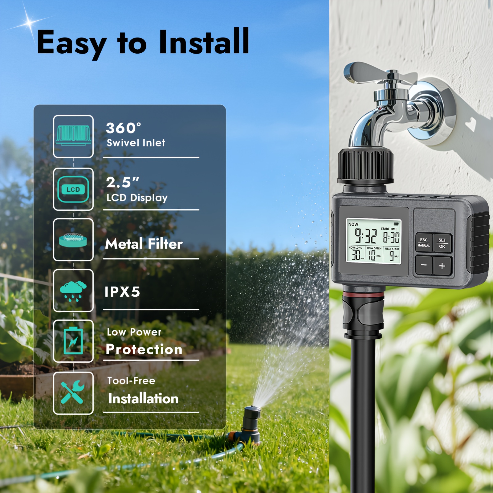 Image of Insoma Water Timer For Garden Hose, With Rain Delay Timer For Lawns, Gardens, And Drip Irrigation Systems, Water- Outdoor Faucet Timer With Large Lcd Display, Irrigation Timer, Watering Timer