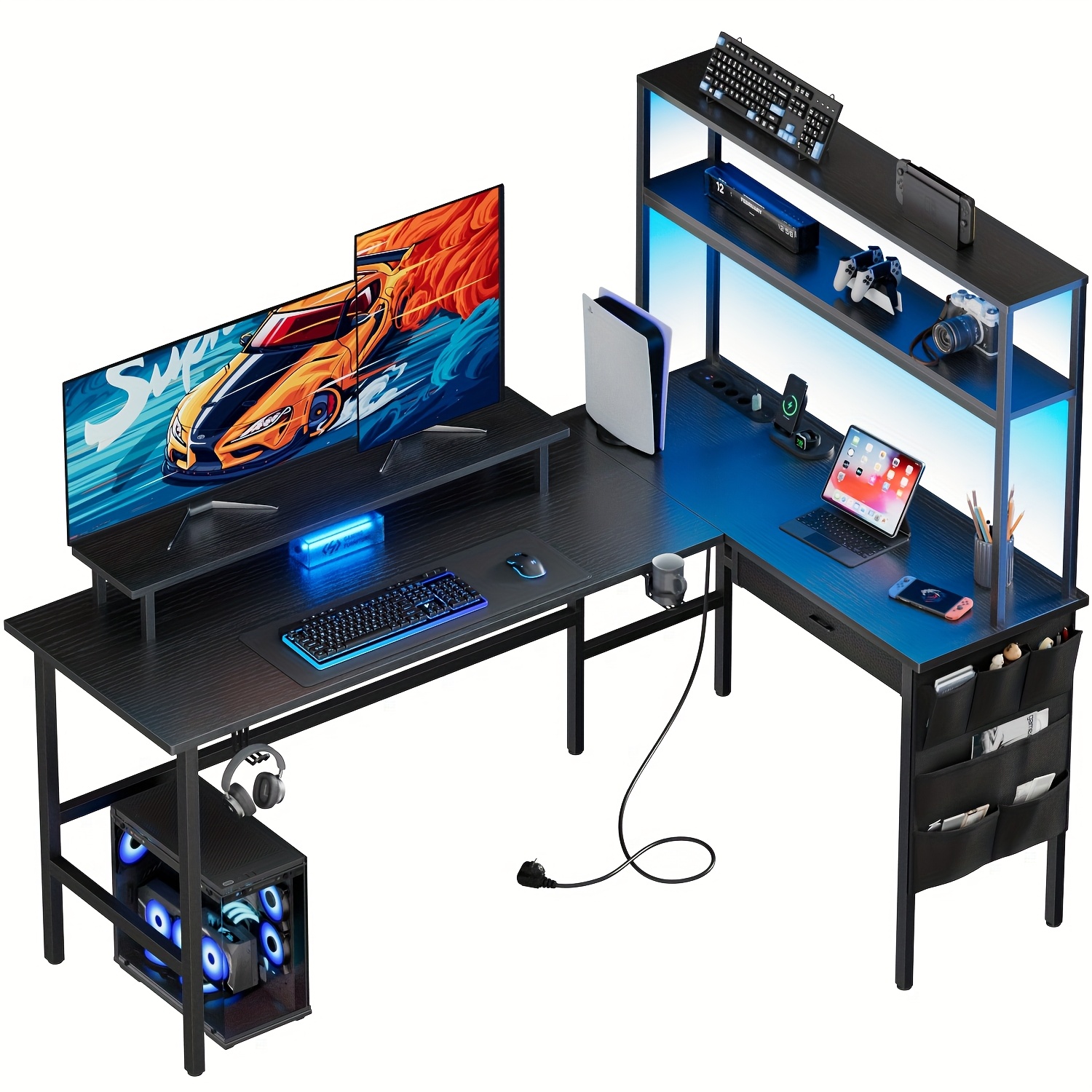 Image of New L Shaped Gaming Desk With Power Outlets & Led Lights, 59/67 Inch Reversible L- Shaped Computer With Storage Shelf & Monitor Stand - For Home Office, Christmas Gifts