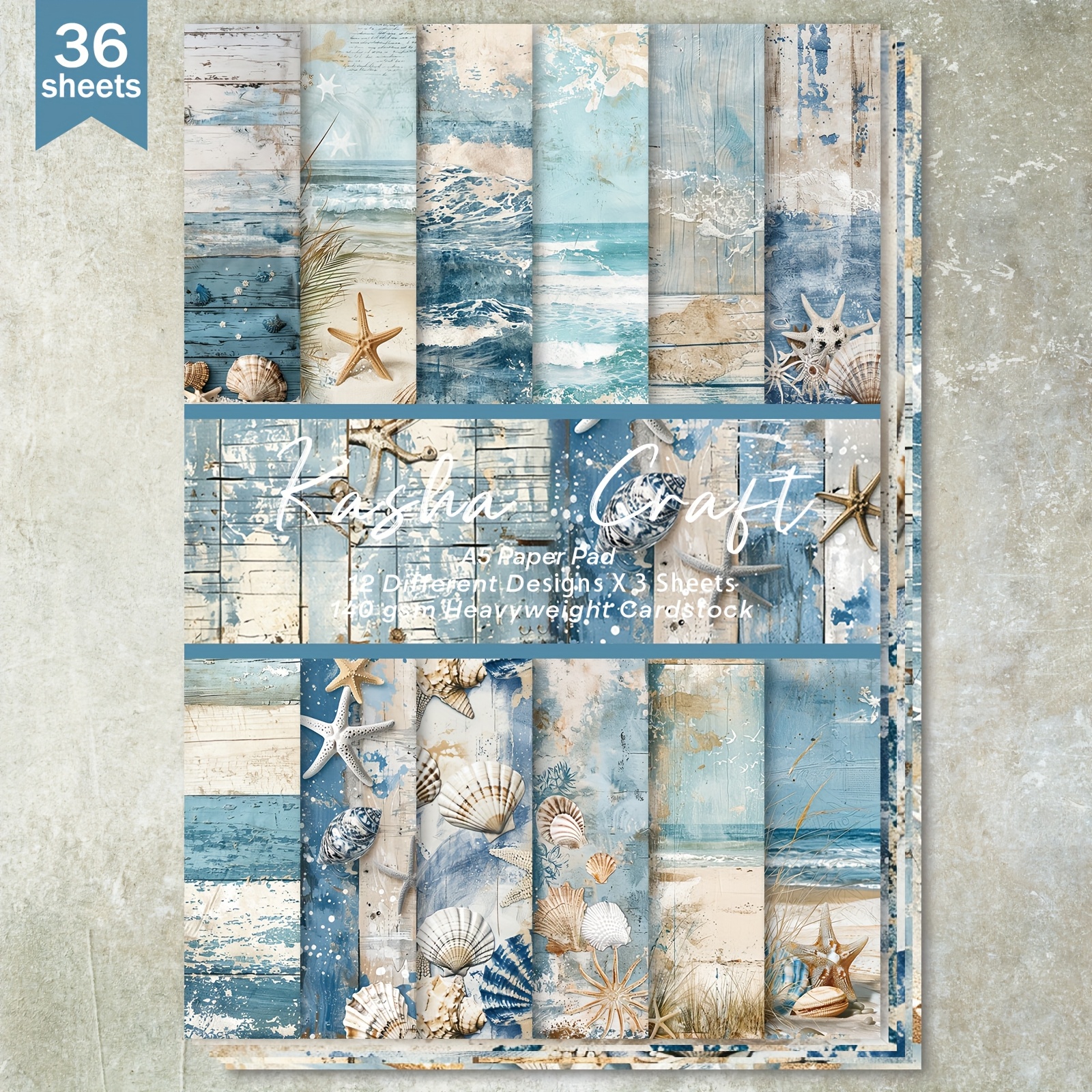 

36 feuilles de scrapbooking sur le thème de la plage de l'océan A5, bleu avec des coquillages et du , artisanal pour les journaux à puces, , de vœux et les albums de bricolage.