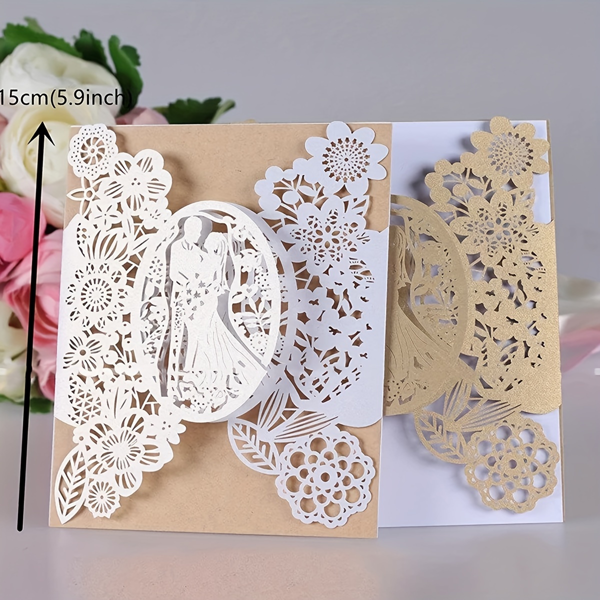 

A Wedding-themed Cutting Die With A Half-flower Frame In Golden Color, Suitable For Diy , Embossing Paper For Scrapbooking, And Making Greeting Cards And Envelopes.