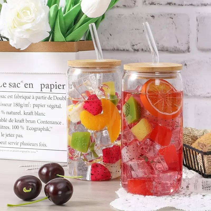 6pcs 18 6oz 550ml including lid straw straw brush glass cup set elegant shaped drinking cup is gift can shaped glass cup suitable for any beverage and any occasion and beautiful Product details 5