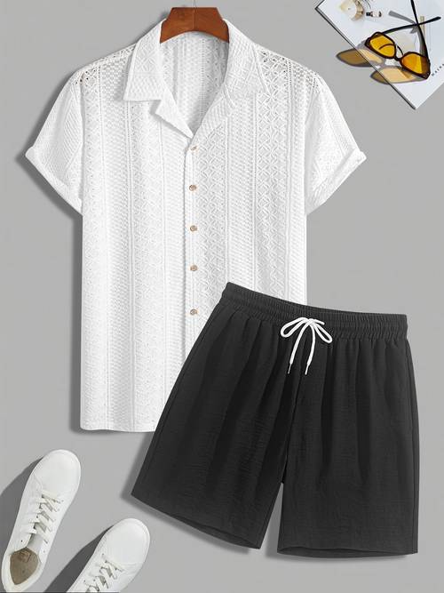 herren strick jacquard cuban kragen button-up kurzarm hemd und leinenmischung freizeit shorts set, lässiges sportliches outfit, hemd und shorts set
