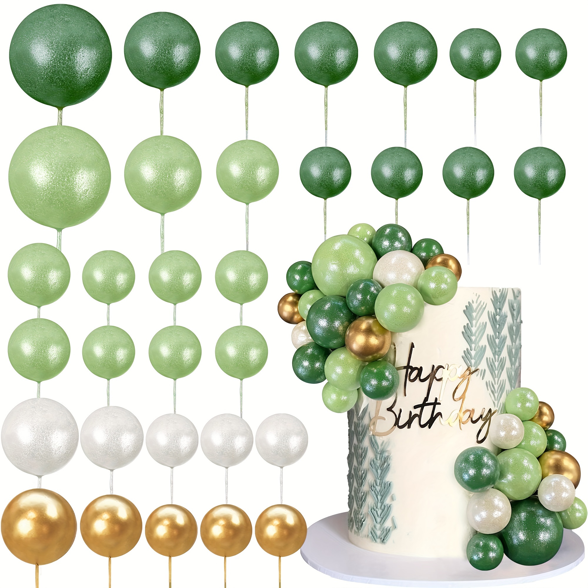 

Green, White & Gold Cake Topper Kit - Plastic Pearl Ball Shaped Cupcake Picks For Birthday Party, Wedding Celebration, No Feathers, Electricity-free Cake Decorating Supplies