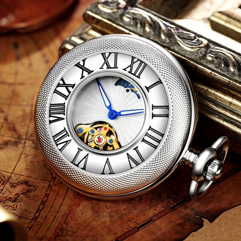 item picture vintage fully automatic mechanical pocket watch with   pendant thickened chain roman     dial mechanical movement   christmas new year birthday gifts wedding anniversaries best for christmas