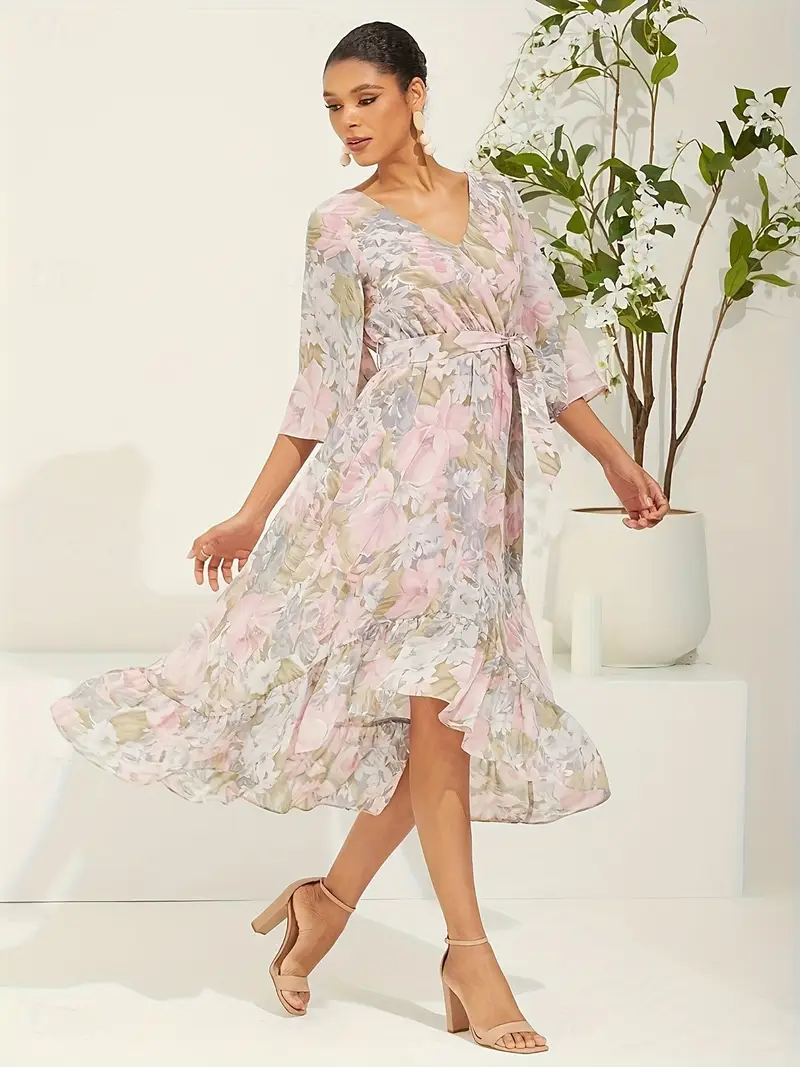 neck floral chiffon long dress with flowing sleeves elegant and stylish for weddings and vacations belt ll425 Product details 1