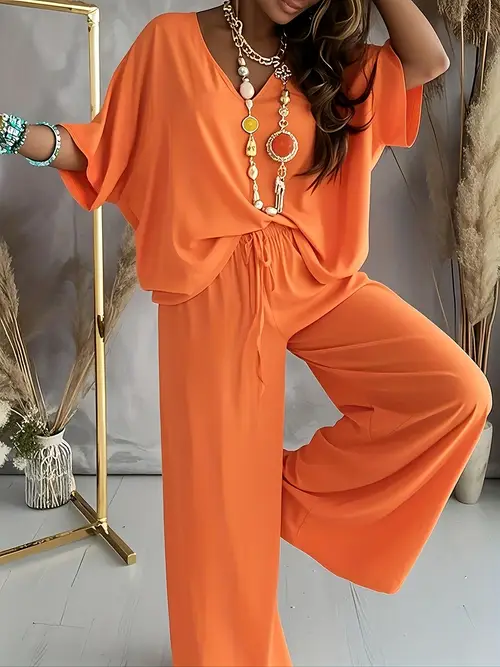 casual solid color pants suit half sleeve v neck top and wide leg pants clothing womens clothing
