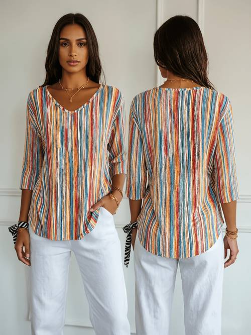 western casual fashion holiday new womens regular fit striped all 3 4 sleeve v neck t shirt top