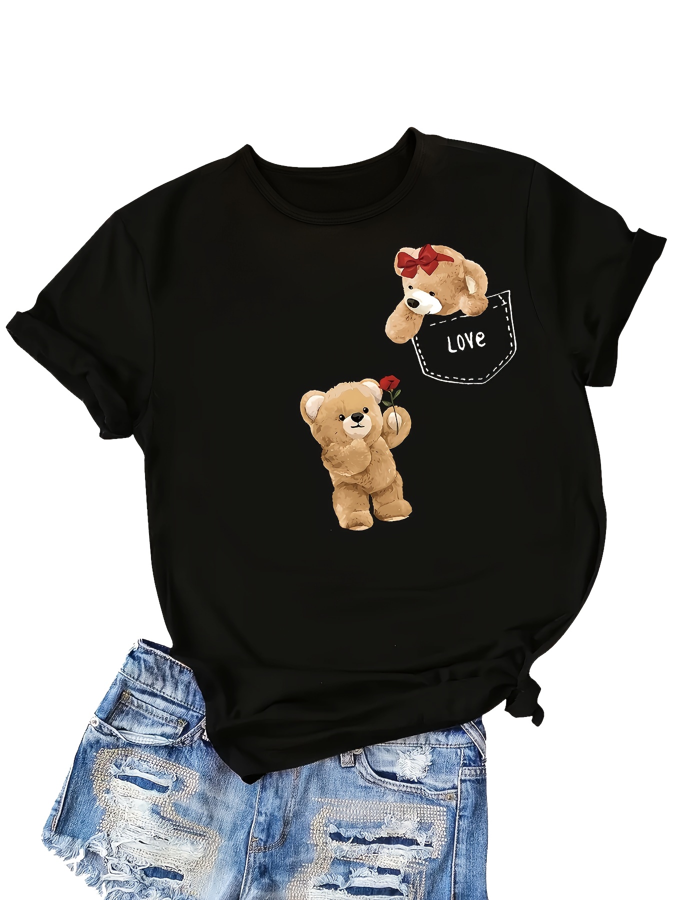 womens black cute   graphic t shirt soft round neck short sleeve casual   washable     fit teddy bear t shirt durable fabric shirt Product details 1