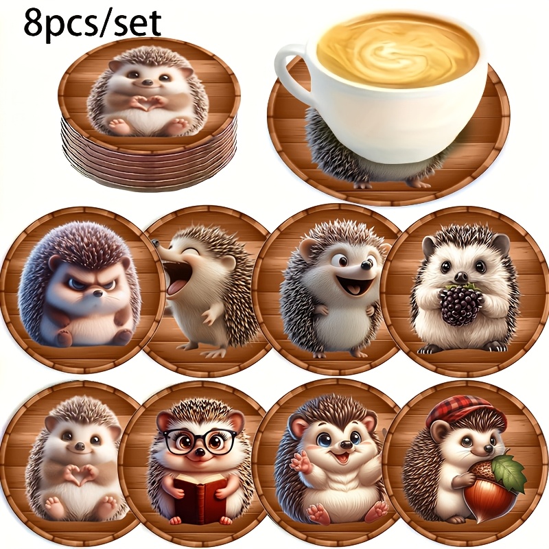 Image of Set Of 8 Cute Hedgehog Coasters - Rustic Wooden Drink Coasters For Coffee And Tea | Heat-resistant And Non-slip | Ideal Gift For Christmas/new Year/mother's Day - Table Decoration