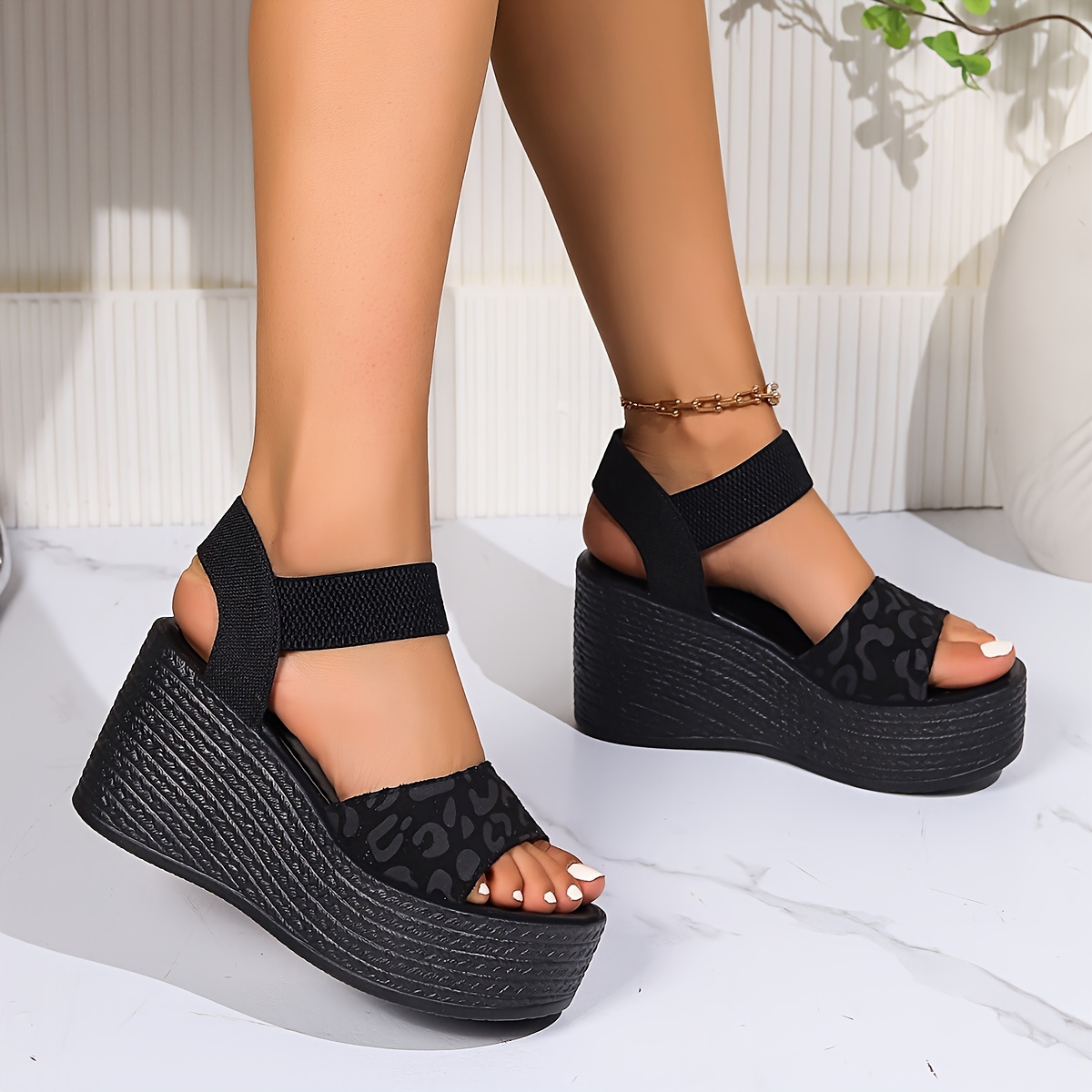 

Women's Elastic Strap Wedge Sandals, Fashion Open Toe Slip On Platform Heels, Casual Going Out Sandals