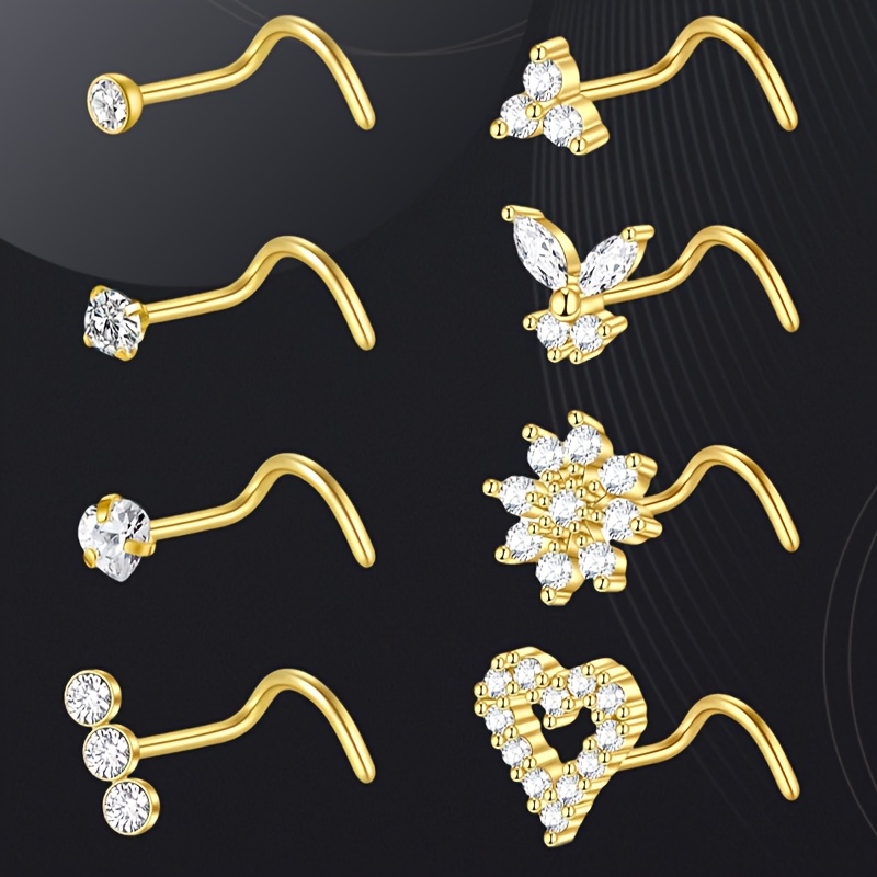 Set Of 8 Nose Studs And Rings, Featuring A Fitting Tube Diameter Of 1.0*7mm, With Heart-shaped, Floral, And Designs, Perfect For 's Nose Piercings
