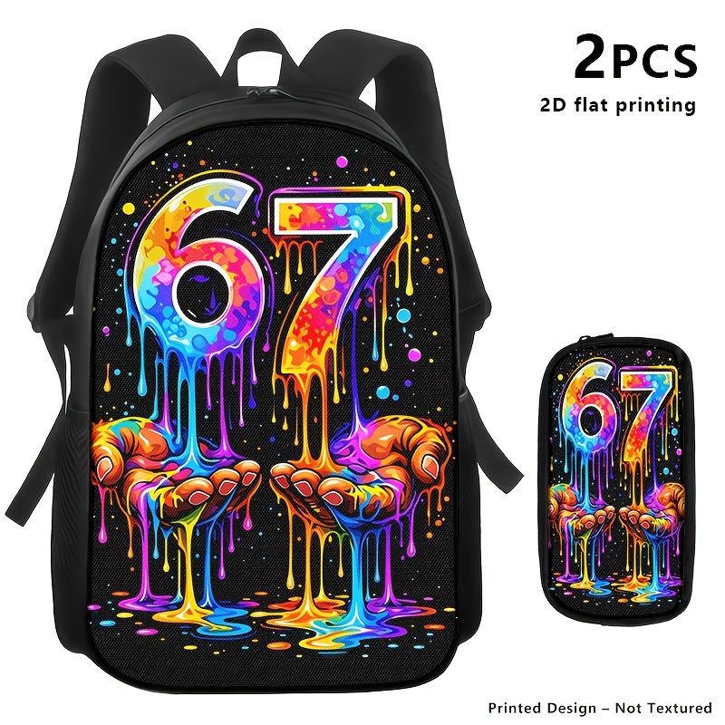 TEMU 1pc/2pcs/3pcs Backpack Storage Bag Shoulder Bag, Neon Drip '67' With Black:vivid Streetwear Print For Adults; Ideal For Commuting And Urban .