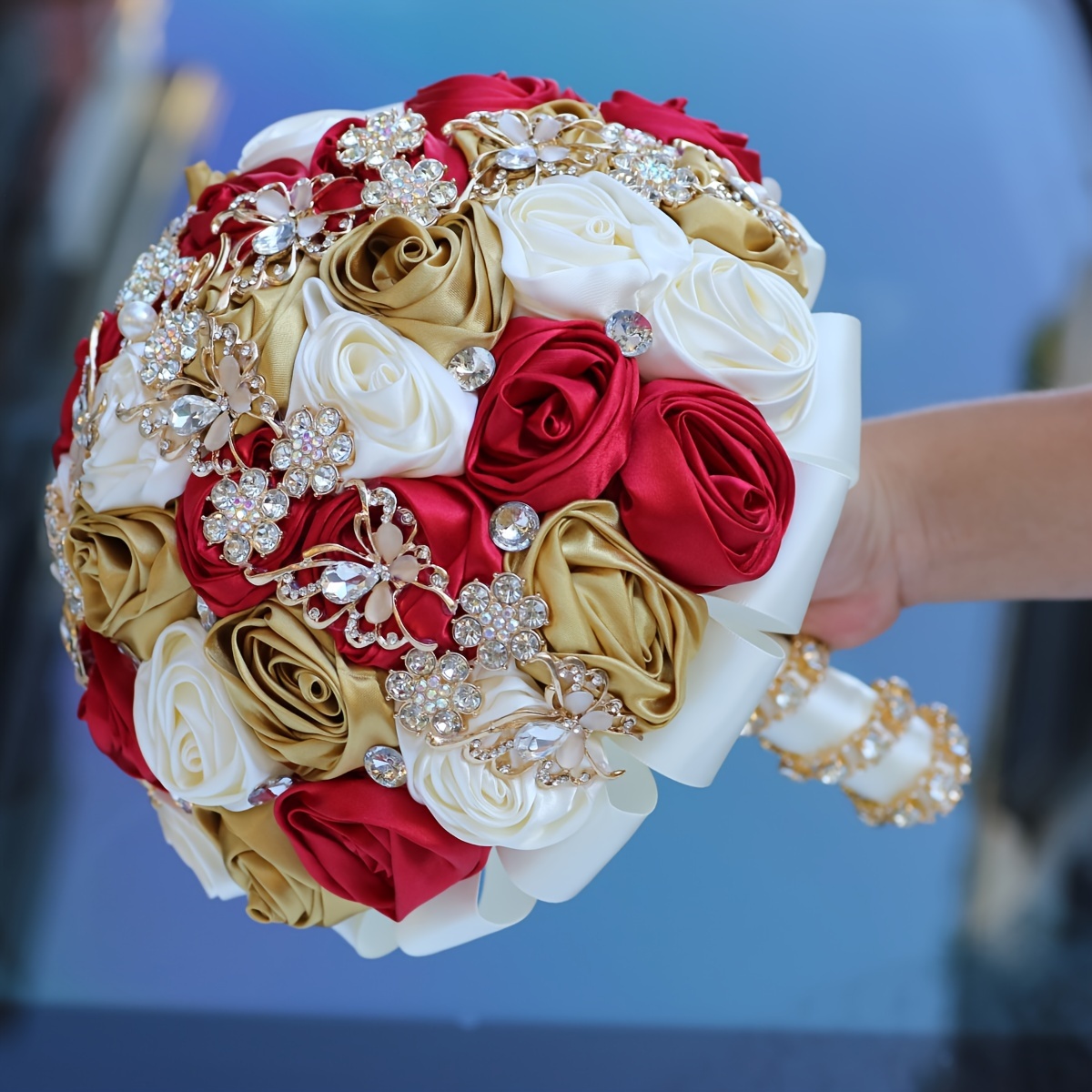   to'y buketi, kristal aksessuarlar bilan, to'y qo'l gulchambarlar, to'liq, lent, kelin buketi, hashamatli marosim bezaklari, tafsilotlar 12