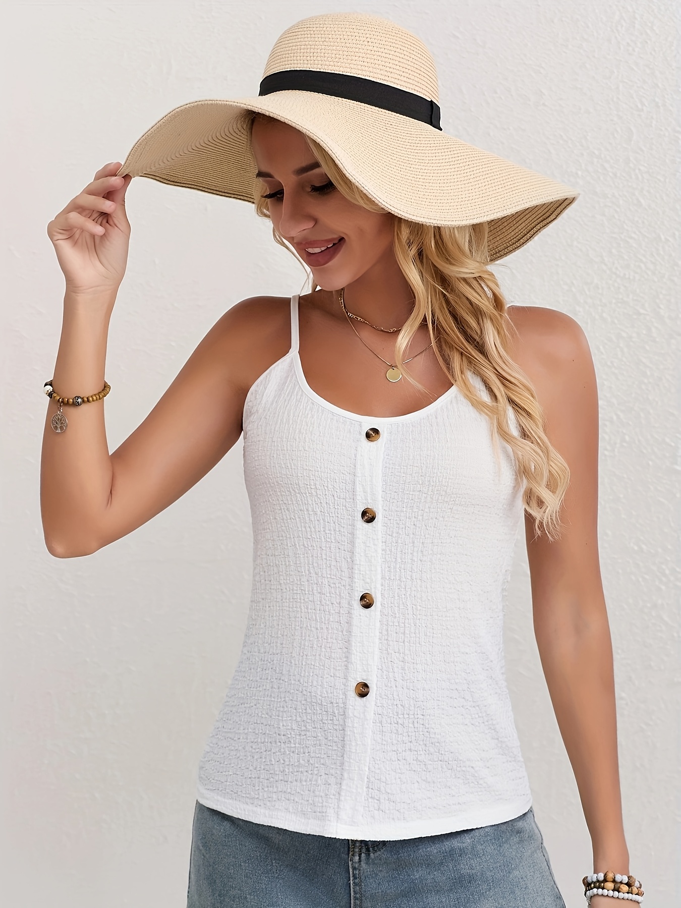 Women'S Casual Beige Sleeveless Top with Button Detail - Stretchy Fabric, Round Neck, Perfect for Spring/Summer/Fall, Casual Attire|Sleeveless Fashion|Stretchy Material