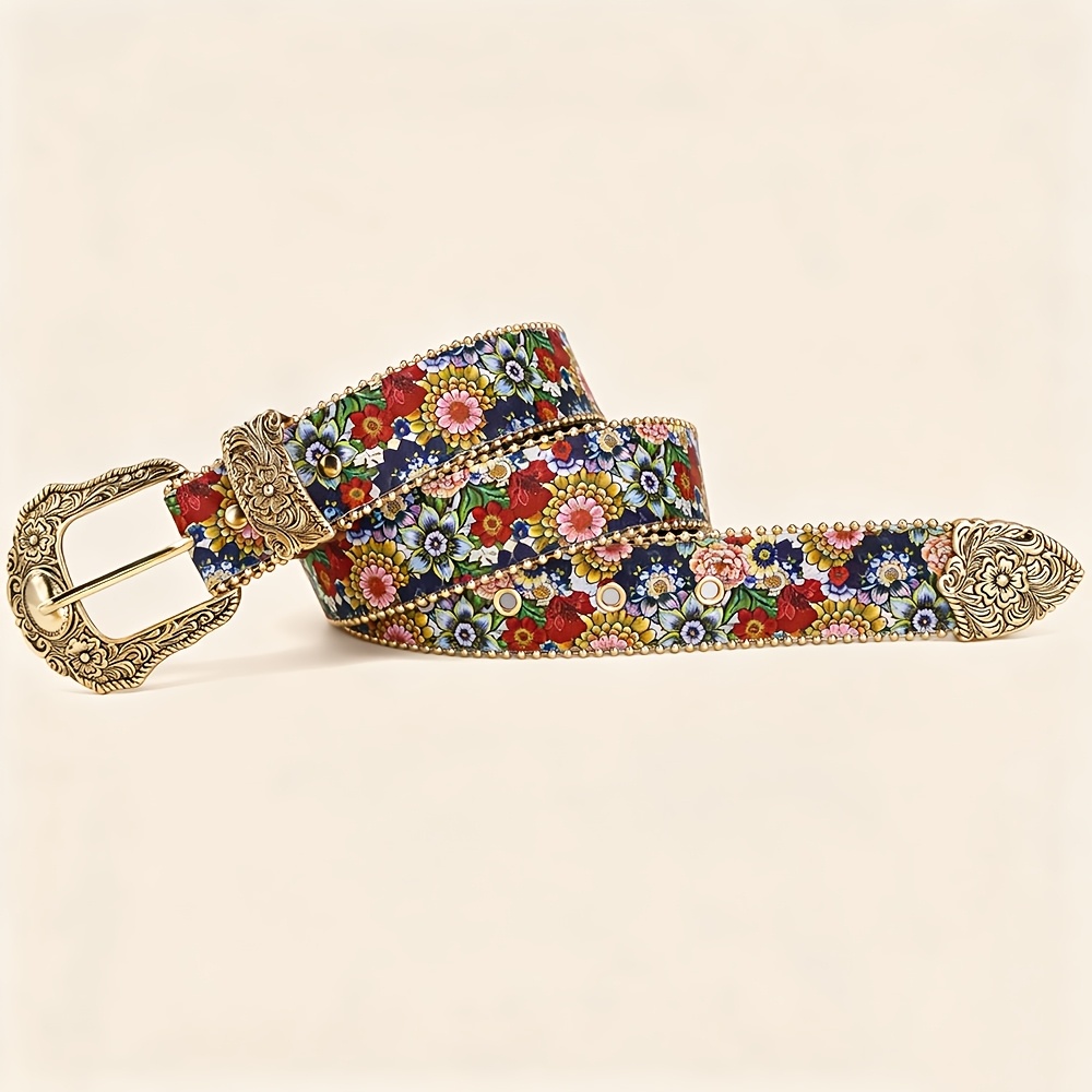 TEMU Vintage Pastoral Floral Women's Belt, Beaded Golden-trimmed Buckle Waist Belt, Colorful Floral Print Belt For Y2k/spicy Style, Bohemian Outfits,