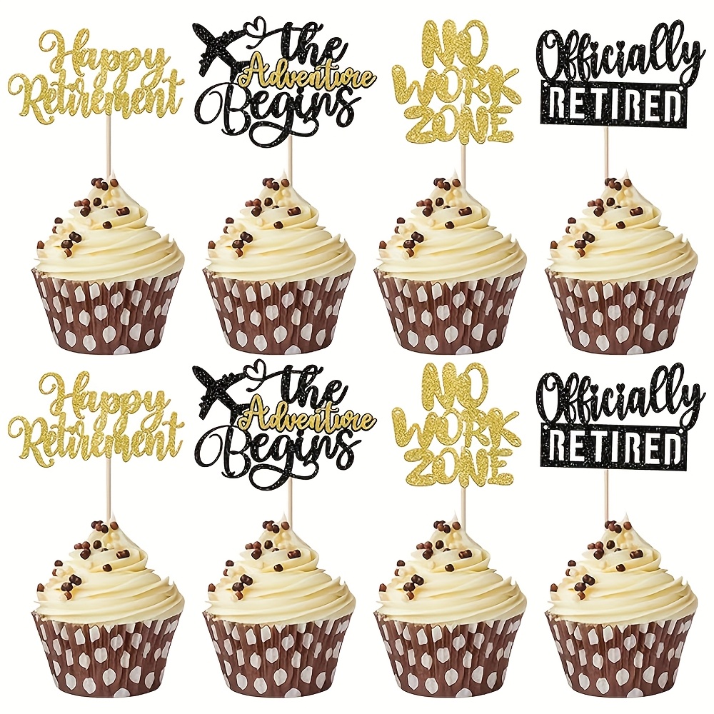 

24-pack Bamboo Cupcake Toppers, Happy Retirement Cake Decorations, No Electricity Needed, Featherless, Black & Golden, Retirement Farewell Party Supplies