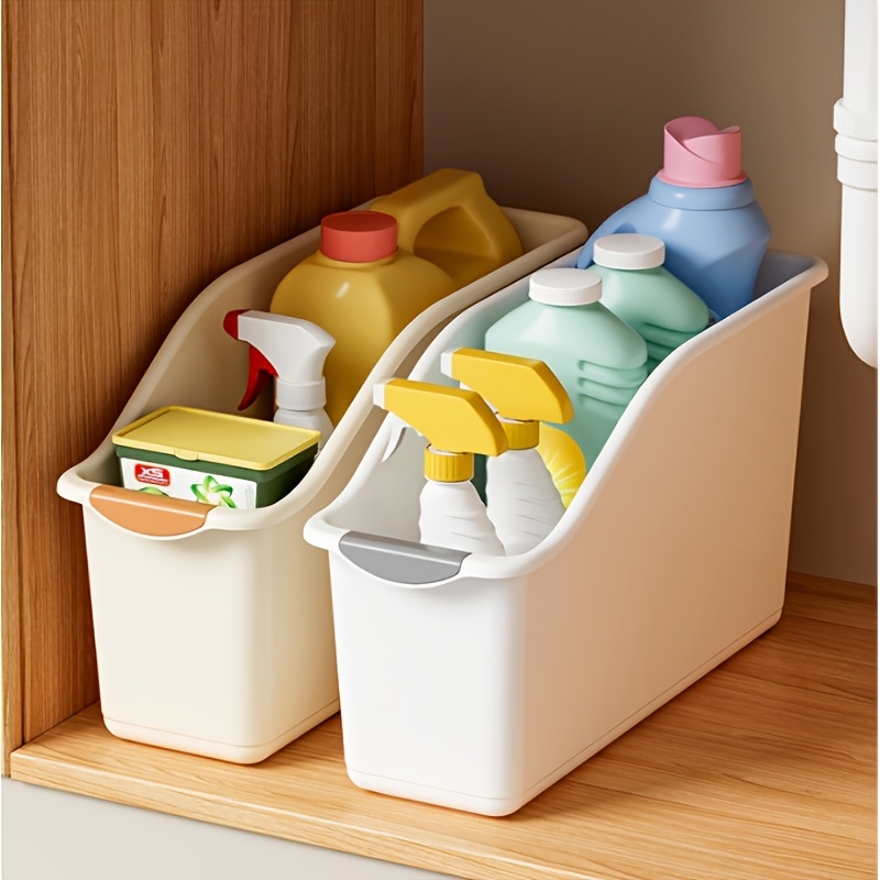 item picture 2pcs Curved Design Storage Bins with Handles, Heavy-Duty Plastic Organizer Boxes, Space-Saving Multi-Compartment Containers for Under Sink, Pantry & Cabinet Organization - Ideal for Cleaning Supplies, Household Essentials & Kitchen/Bathroom Storage