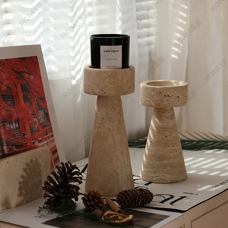 1pc Natural Texture Color Cave Stone Exquisite Hand Carved Natural Marble Candlestick Ornament Retro Style Polished Surface Natural Marble Candlestick Elegant Modern Traditional Desktop Decoration Solid Base Wear-Resistant Durable Stone Construction