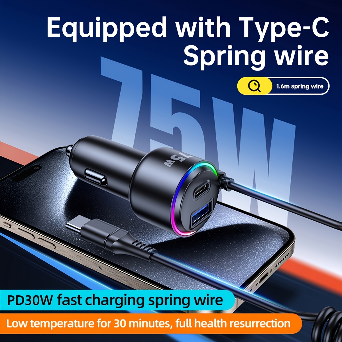 TEMU 75w 3-port Car Charger, Pd45w qc3.0 Smart Fast Charging, Equipped With 75cm Spring Retractable Cable, Suitable For All Vehicle Models, Ideal For