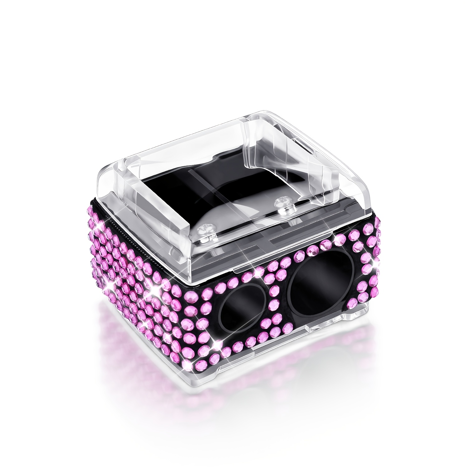 TEMU Shiny Rhinestone Double Hole Pencil Sharpener, Inlaid Makeup Eyebrow Pencil Eyeliner Lip Liner Pencil Sharpener, With Transparent Cover Portable