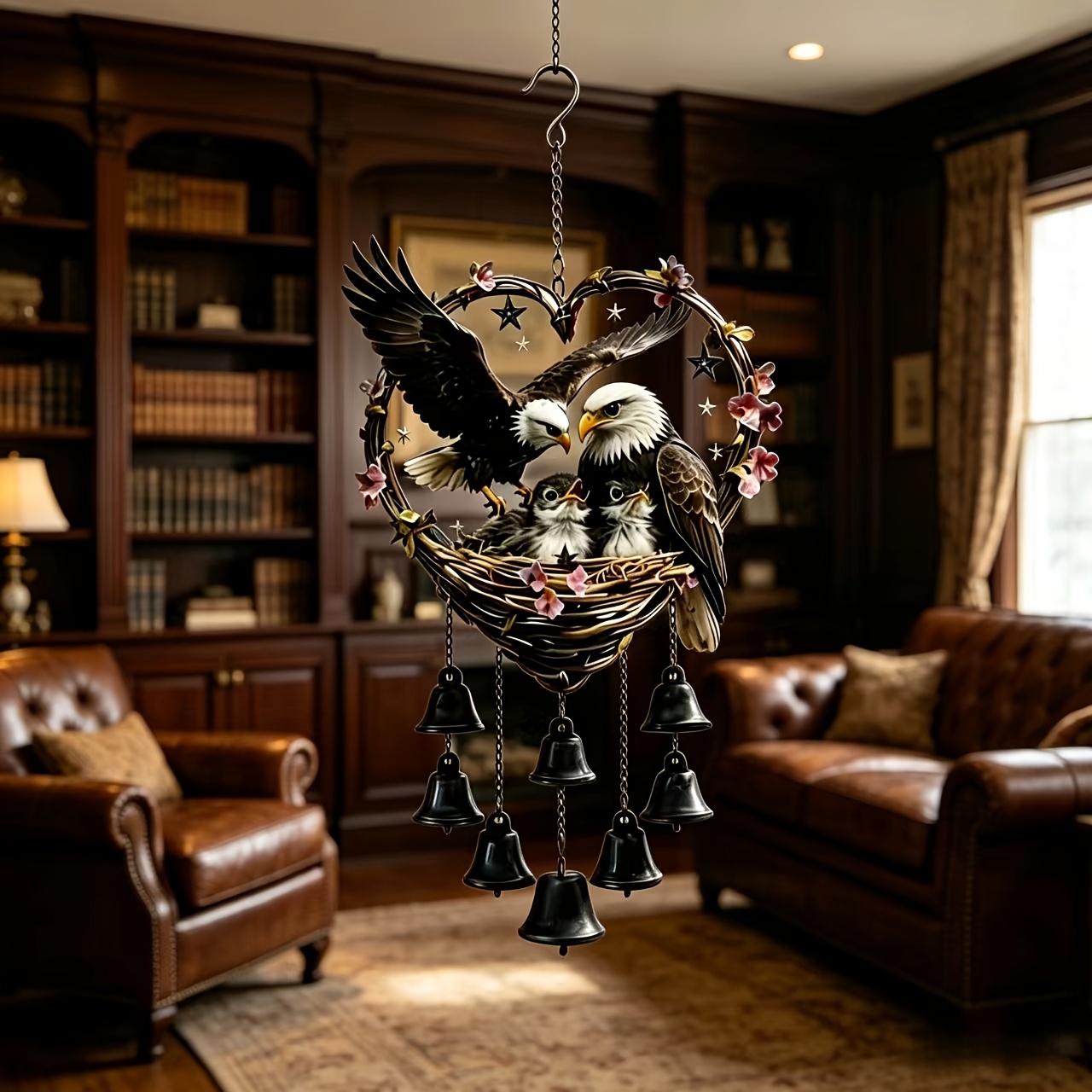 TEMU A Handmade Bald Eagle Family Wind Chime Heart-shaped Ornaments, A Symbol Of Strength And Love. Interprets The , , And The , Equipped With Black