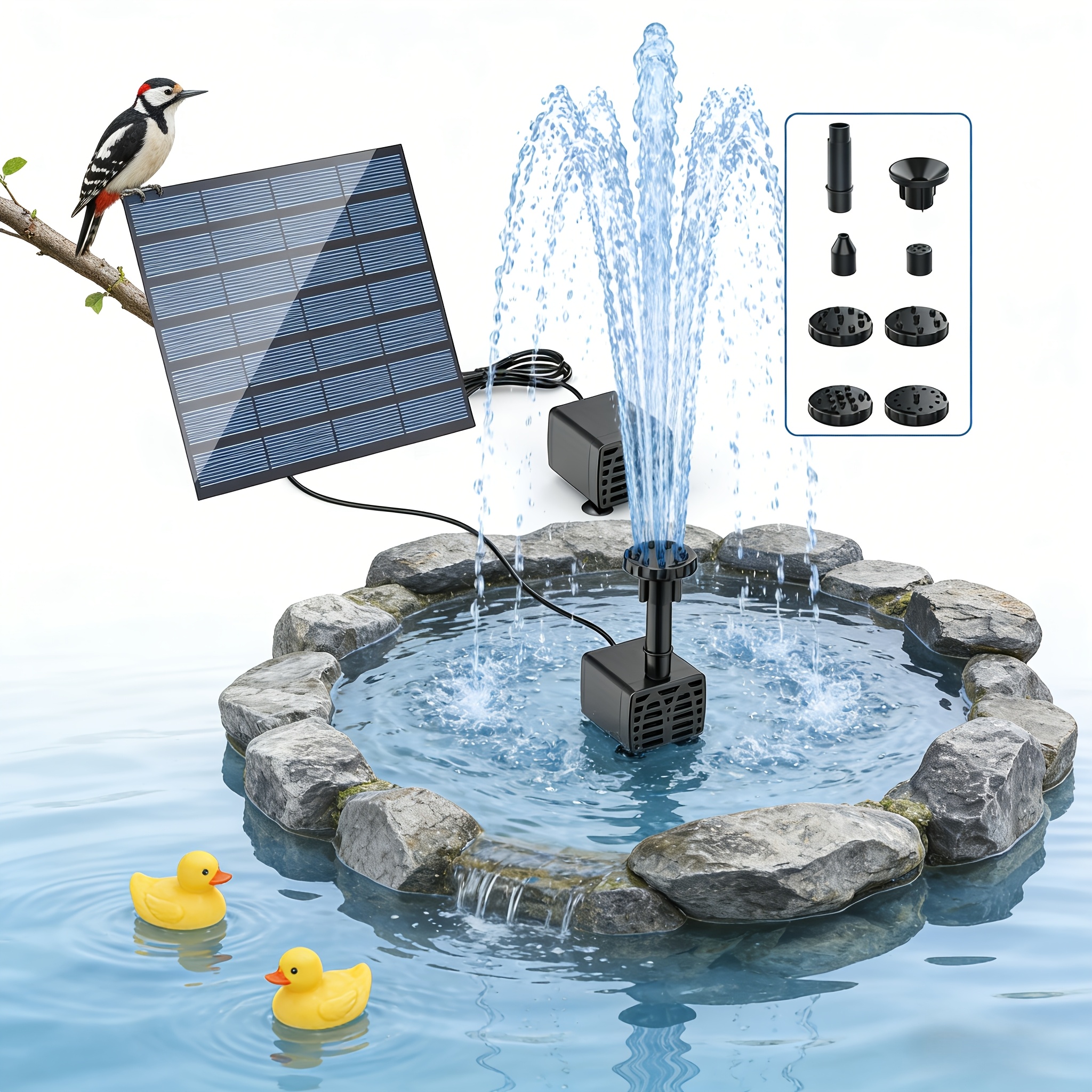 Image of 1.8w Solar Fountain, Ipx8 Waterproof, Suitable For Garden, Pond, Terrace, Fish Tank Fountain Pump, Bird Bath Fountain, Pond Fountain, Split Type Fountain, With Multiple Different Nozzles