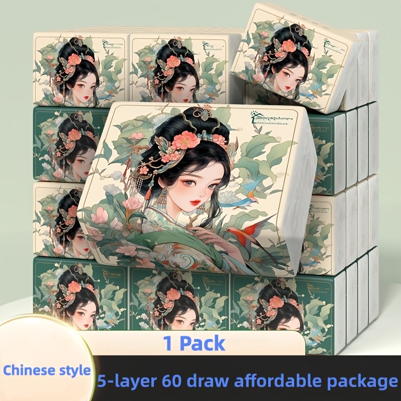TEMU 300 Count 4-ply Tissues - Durable, Absorbent, No Dye, Traditional Chinese Art Design With Floral & Bird - For Home, Office, Dorm, Outdoor Use