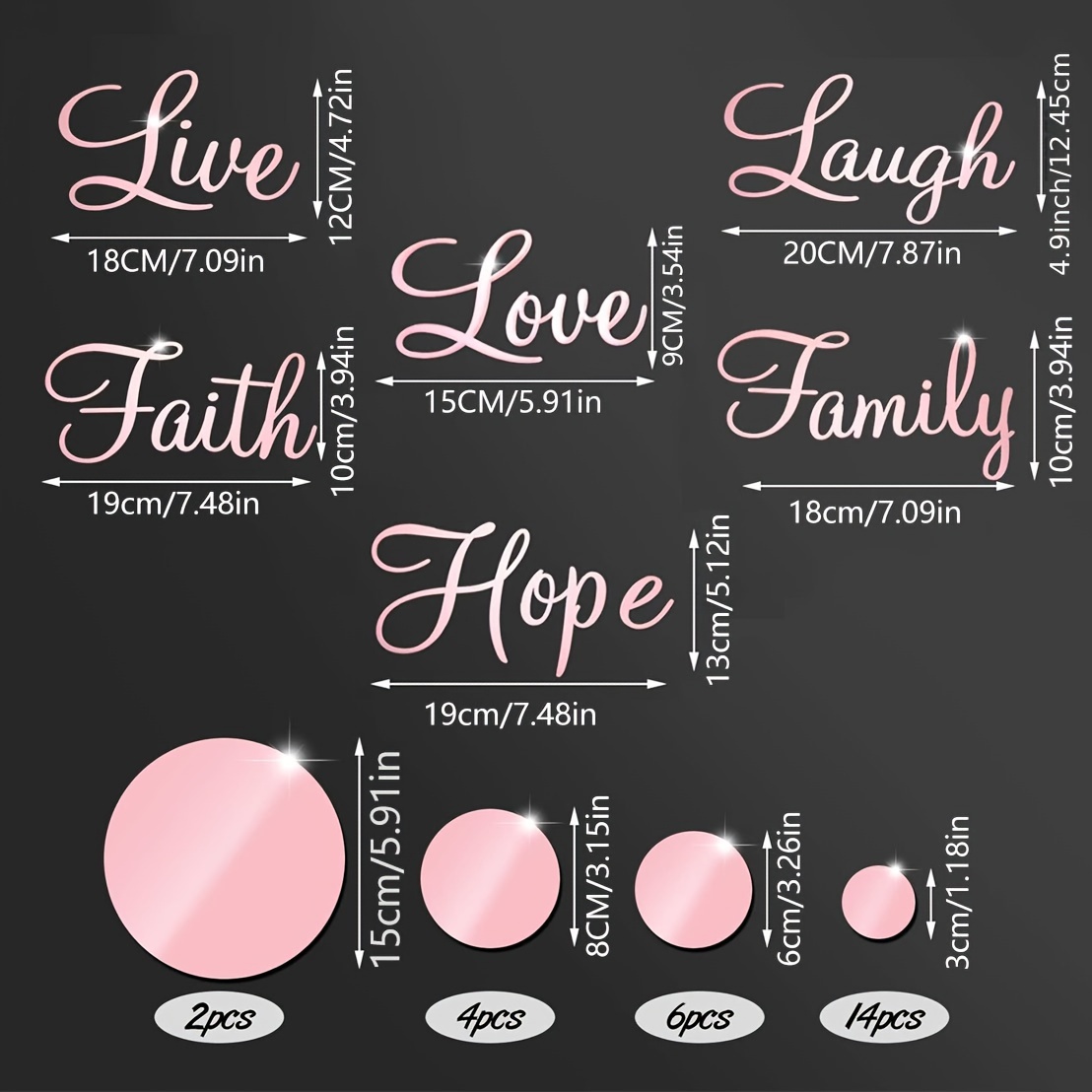 Image of 32pcs Pink Love, Live, Laugh, Faith & 3d Acrylic Mirror Wall Stickers - Inspirational Phrases With , Self-adhesive Nordic Style Decor For Bedroom, Living Room, Office