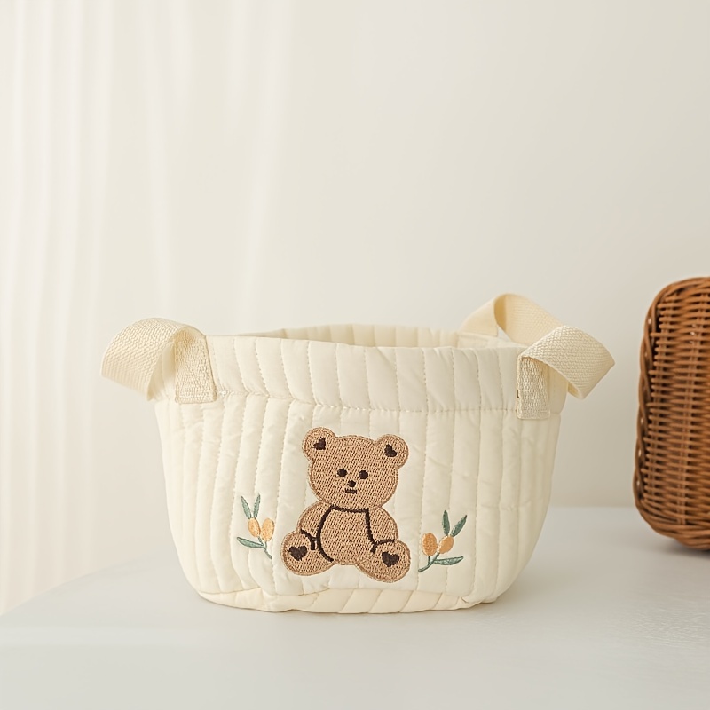 1pc storage basket with bear embroidery multipurpose organizer for diapers clothes toys and bedding   and foldable basket details 8