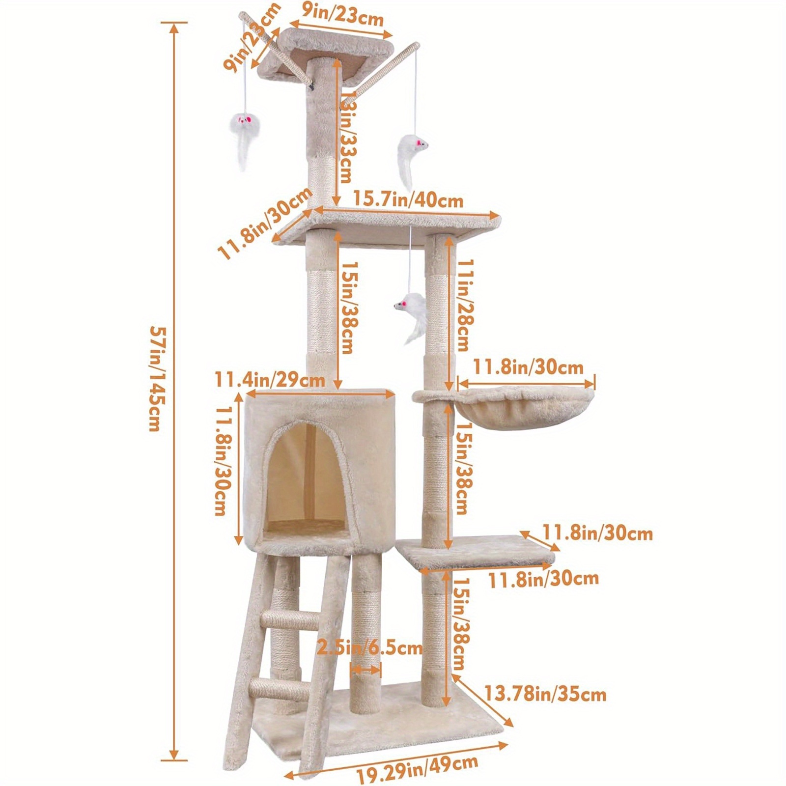Turn pentru pisici de 140 cm înălțime, cu mai multe niveluri, stâlpi de zgâriat din sisal, cadru mare de cățărat, scară, hamac și casă - Mobilier robust pentru interior, pentru pisoi și pisici, turn alb/maro pentru cățărat, odihnă și joacă