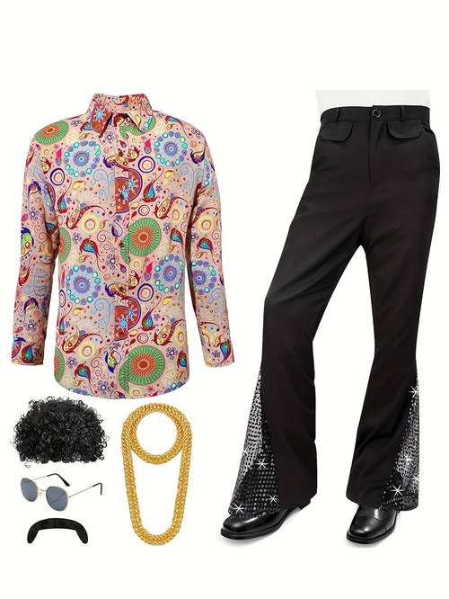mens 70s disco casual wear polyester solid color regular fit two piece suit with shirt and bell pants