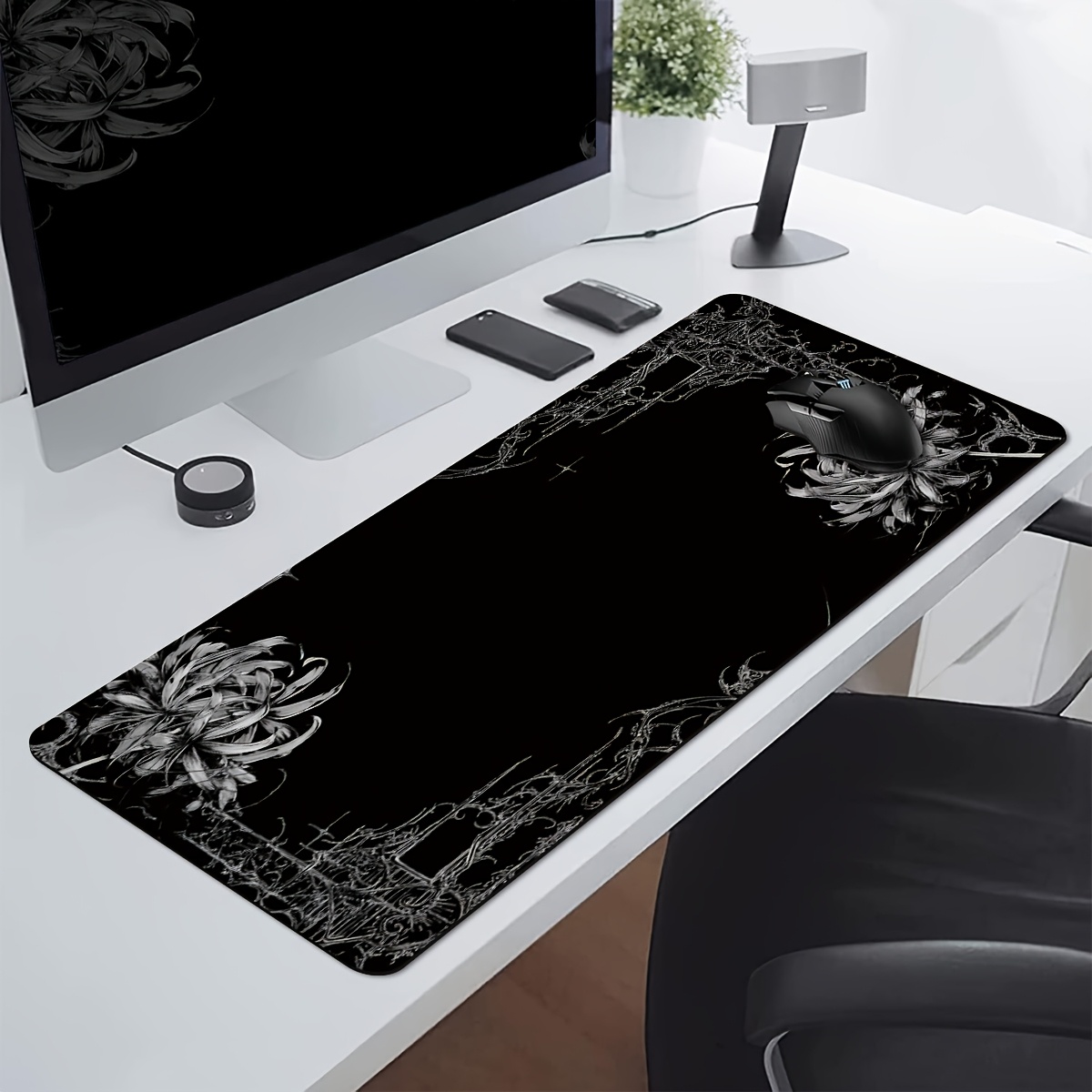 TEMU 1pc Oversized Mouse Pad, Laptop Keyboard Mat - Black And , White Floral Pattern - High Definition Print, Desktop Protector, Gaming Accessory,