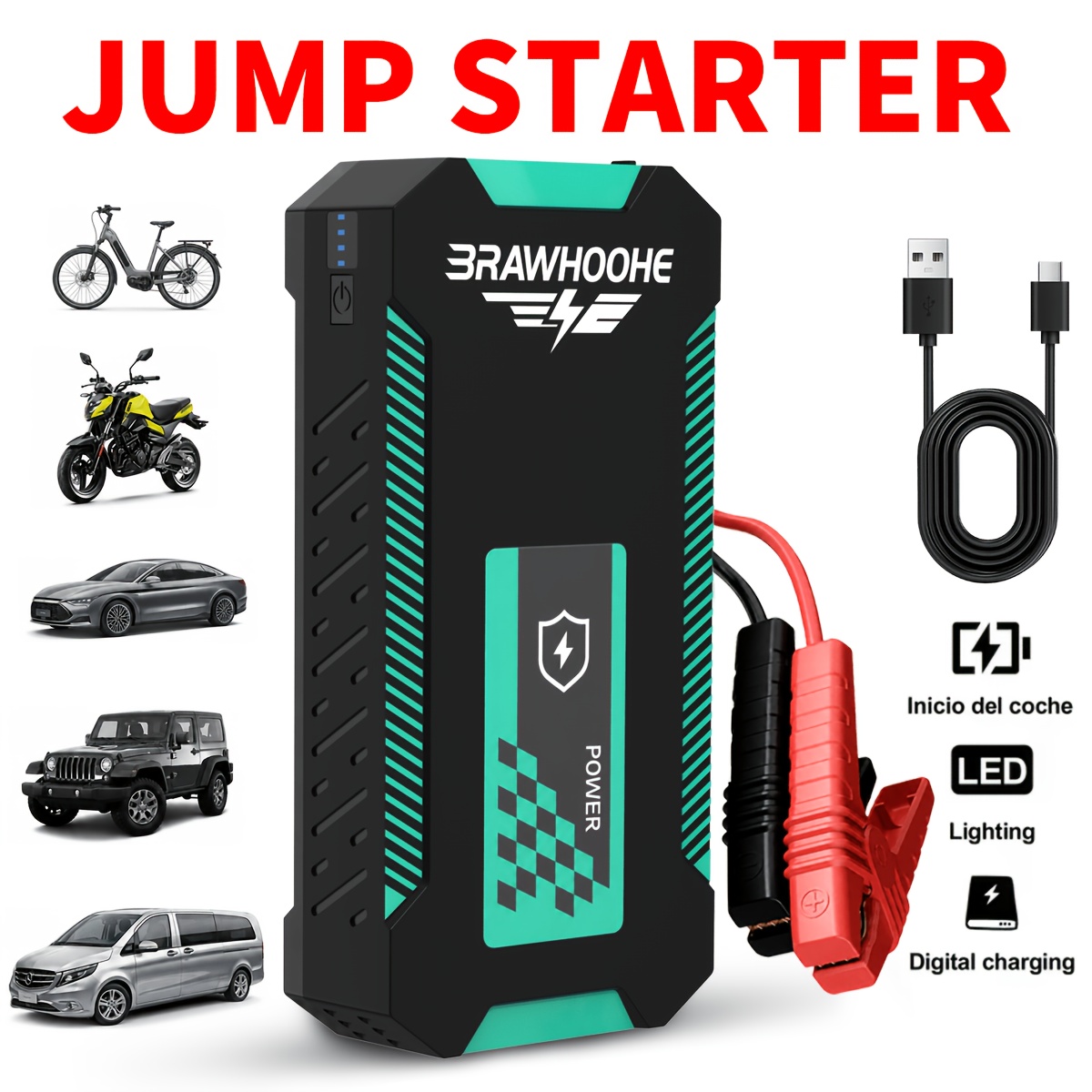 Car Battery Jump Starter, 6000a/8000a 12v Lithium Battery Portable Jump Box, Jumper Cables For All Gas Engines, Jump Starter With Dual Usb Power Bank Charging, Led Lighting