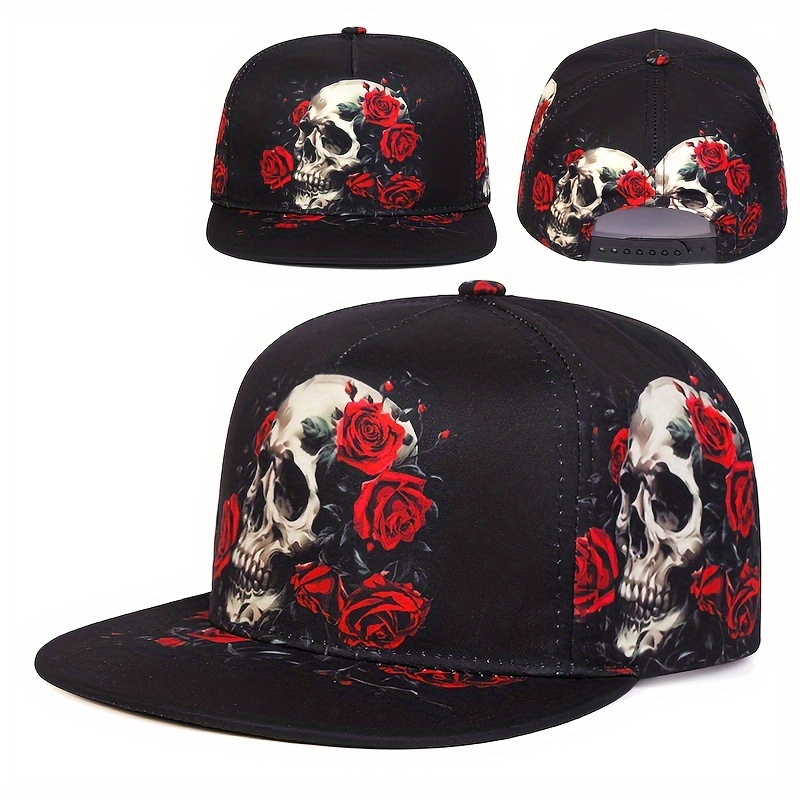 

1pc Skull And Roses Print Acrylic Baseball Cap, Unisex Fashion Vintage Hat, Adjustable Snapback, Lightweight, With Knitted For Bachelor Party, Movie Theme