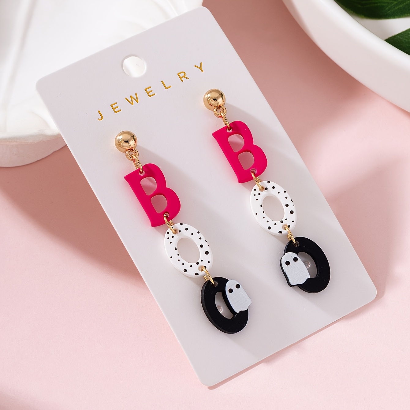TEMU 1 Paire de boucles d'oreilles pendantes pour femmes, motif BOO Halloween, design brillant imprimé, décoration parfaite pour les fêtes