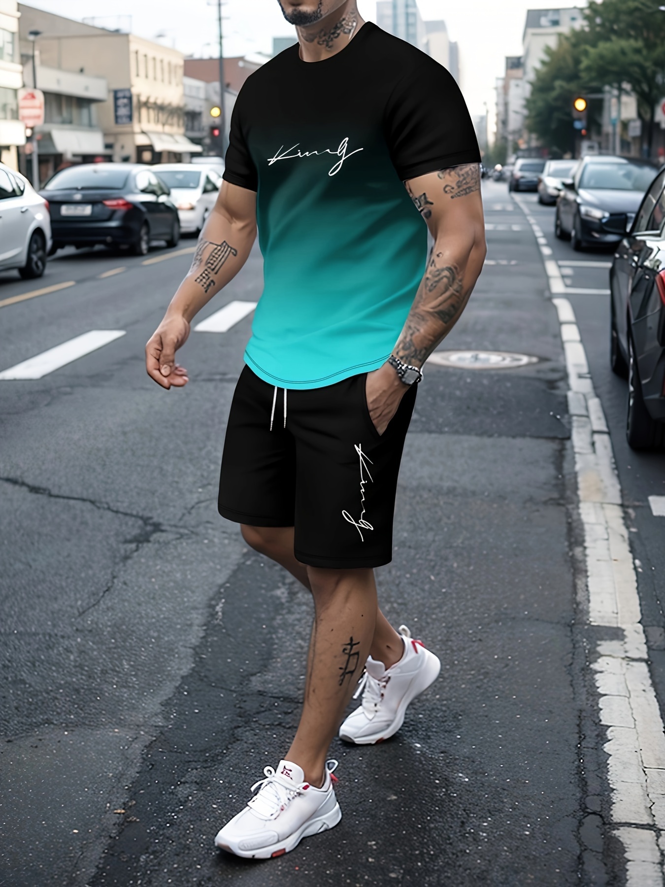 2pcs sportswear mens gradient graphic t shirt active slightly stretch breathable shorts for outdoor details 0