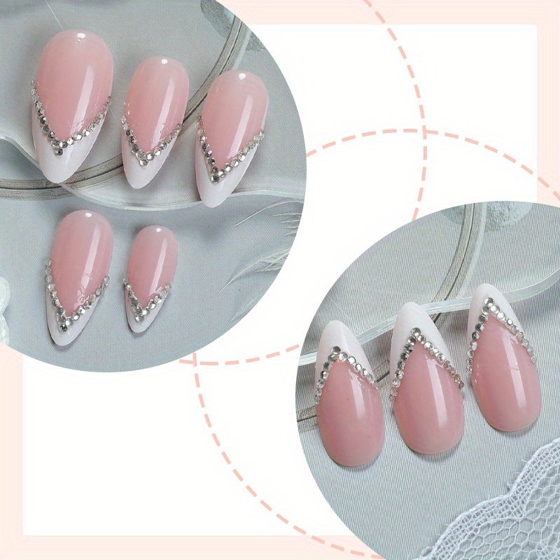 E-shop 24 Stück French Tips Press-on-Nägel, mittelgroße Mandel-Imitatnägel, wiederverwendbare Fingernägel mit 3D-Strass, exquisiter Eleganz, geeignet