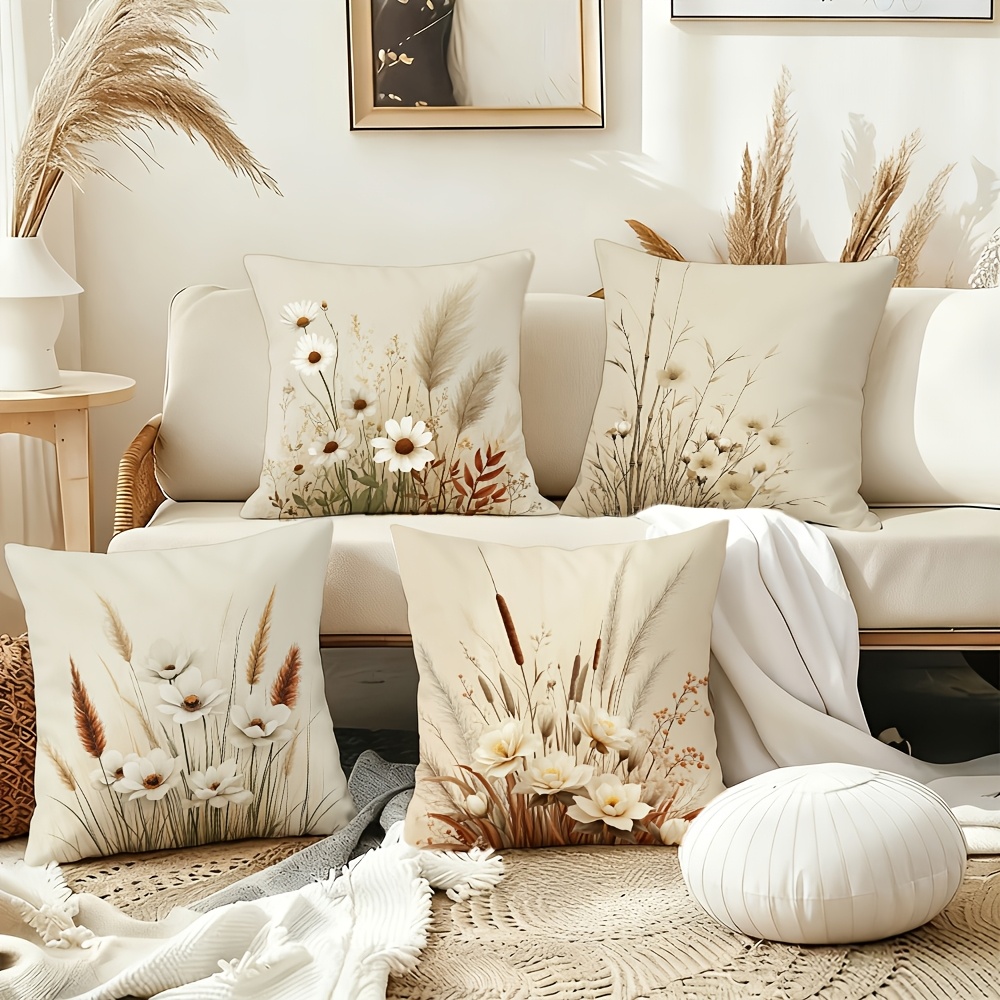 TEMU 4pcs Pillowcases With (reed, Daisy, White , Pampas Grass) As Body. Suitable For Spaces Such As Living Rooms, Bedrooms, Sofa Cushions, Cars, And