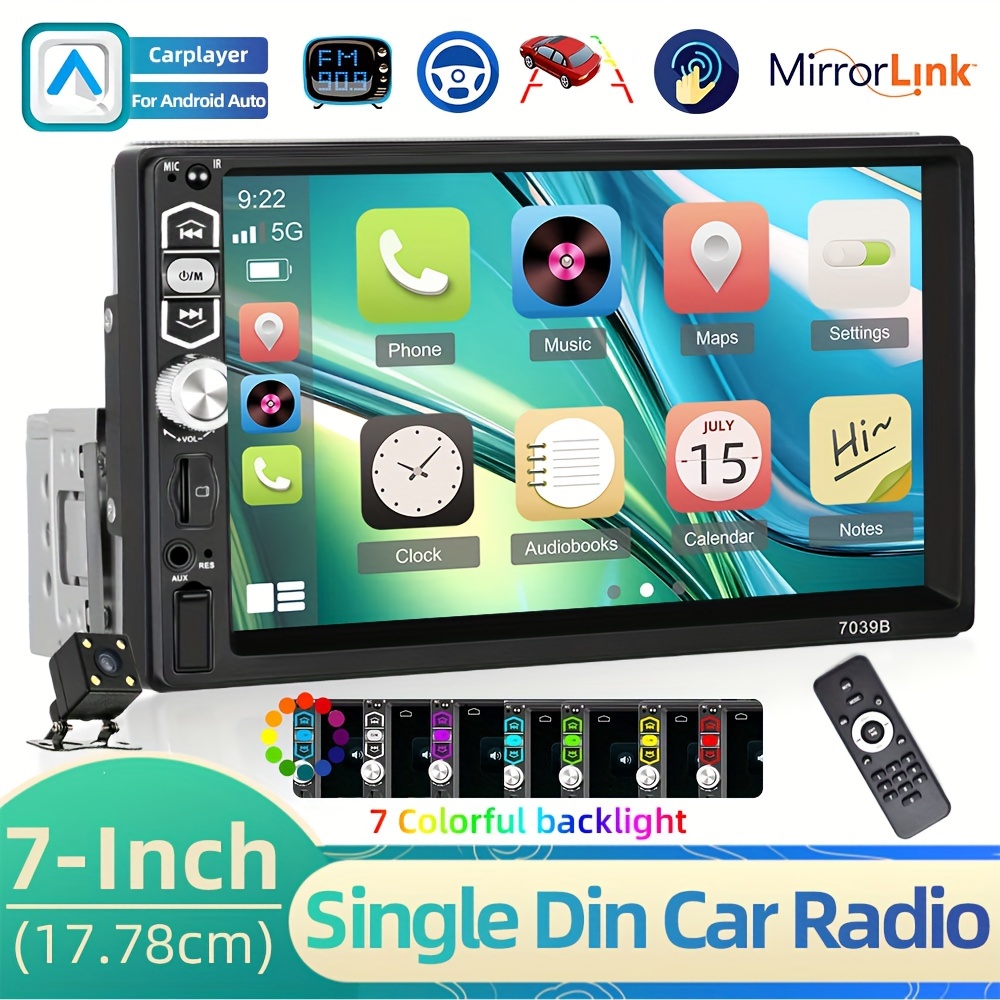 

CAMECHO 7'' 1 Din EQ Support Wired Carplayer/ Pour Auto, Autoradio Multimédia MP5 Lecteur Écran LCD Intégré Fil FM Avec Caméra Arrière + MIC