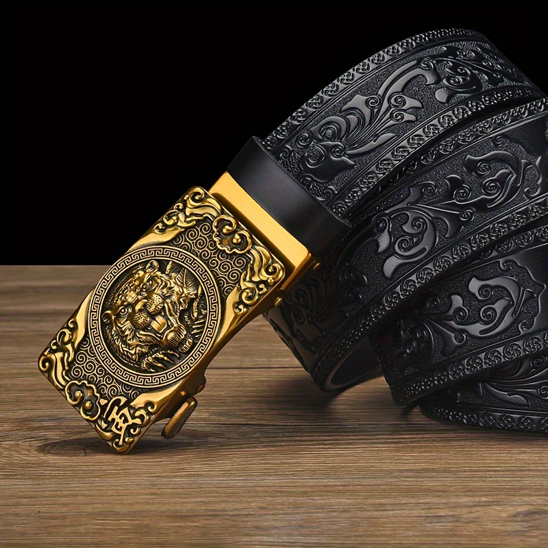 TEMU 's Vintage Automatic Two-layer Leather Belt, Business Casual Carved Waist Belt, Gift For Father Or Husband