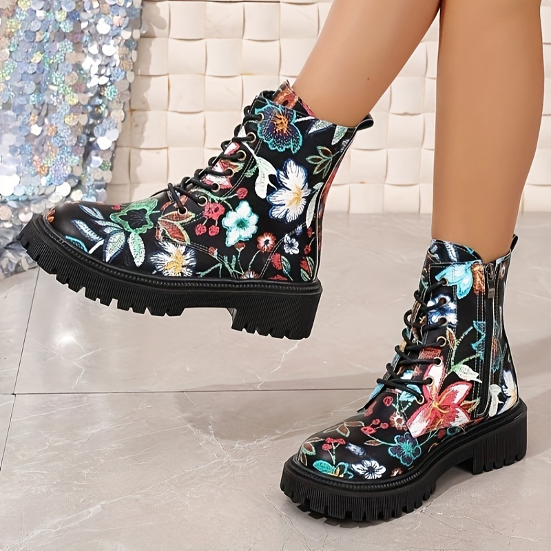 

Women's Floral Pattern Boots, Side Zipper Platform Soft Sole Lace Up Boots, Comfort Hiking & Climbing Boots