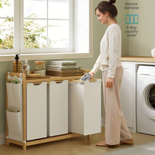 laundry basket with 3 compartments laundry hamper to 150l laundry sorter with shelf laundry bag side pockets 3 x 50l 94 x 33 x 78cm laundry baskets