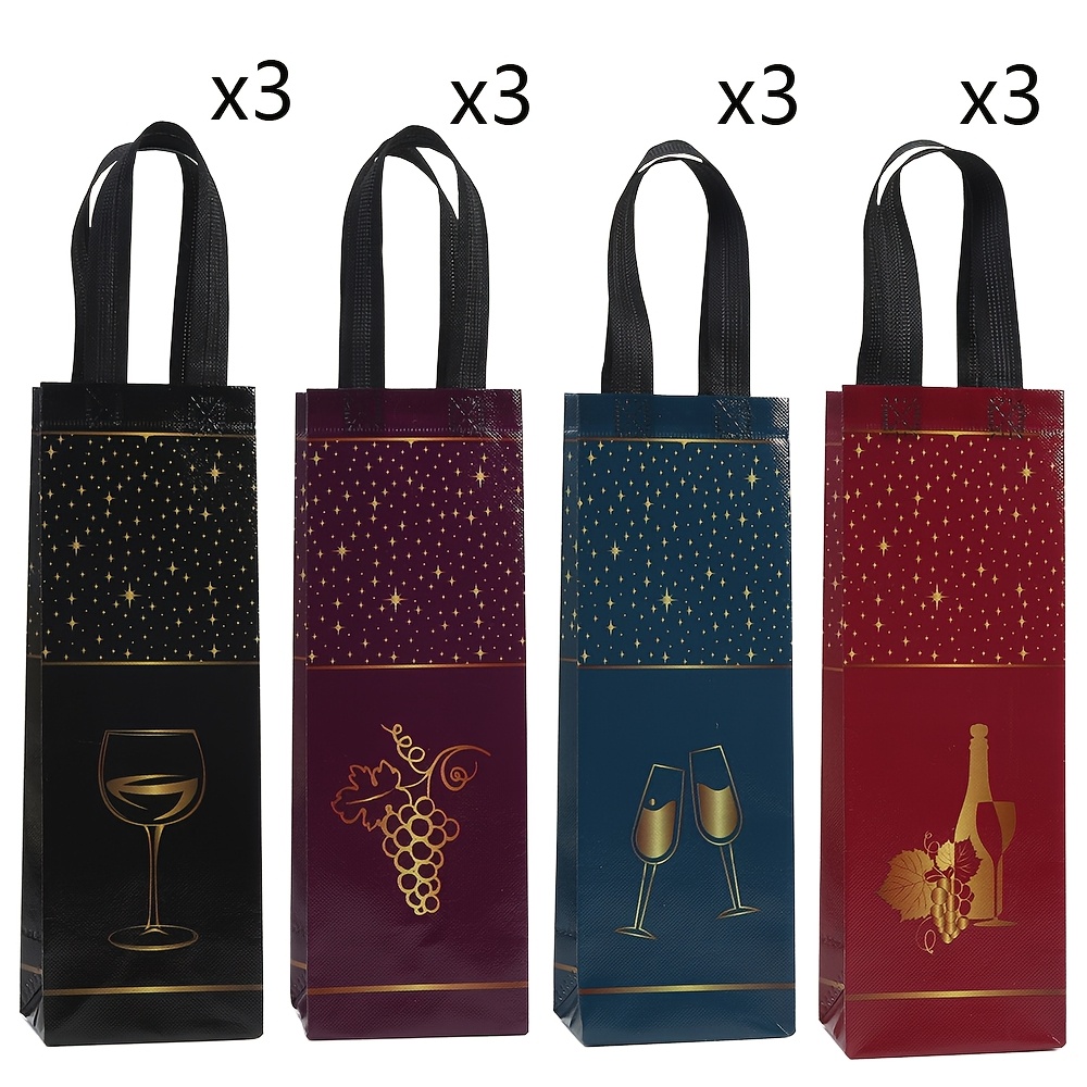 TEMU 12 piezas Bolsa de regalo elegante multicolor para vino, tamaño universal de 13.78in X 4.72in X 3.54in, material de tela no tejida con estampado