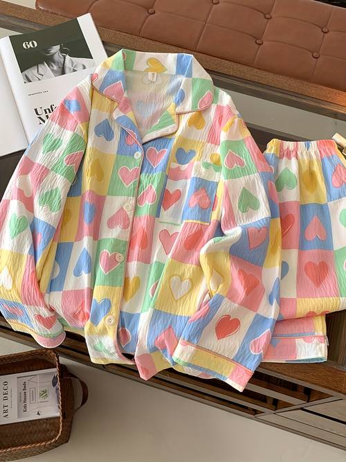 womens pajama set 2025 new style spring 2pcs long sleeve long pants cardigan with lapel dopamine heart print outer wearable loungewear