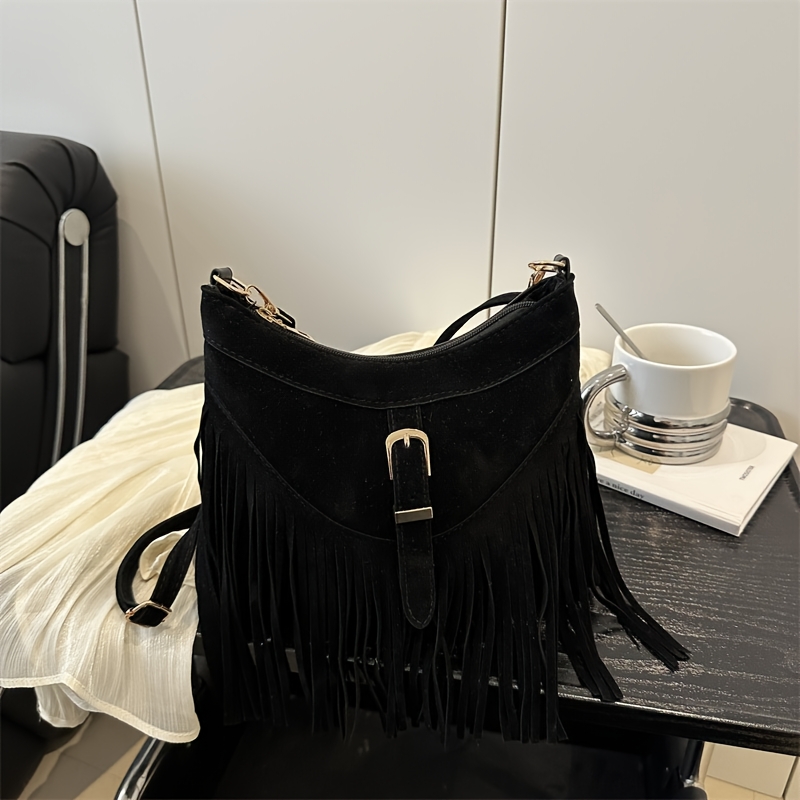 TEMU Women Hobo Shoulder Bag, Small Fringe Suede Crossbody Bag For Women Tassel Bags With Adjustable Strap And Zipper, Vintage Handbag For Shopping